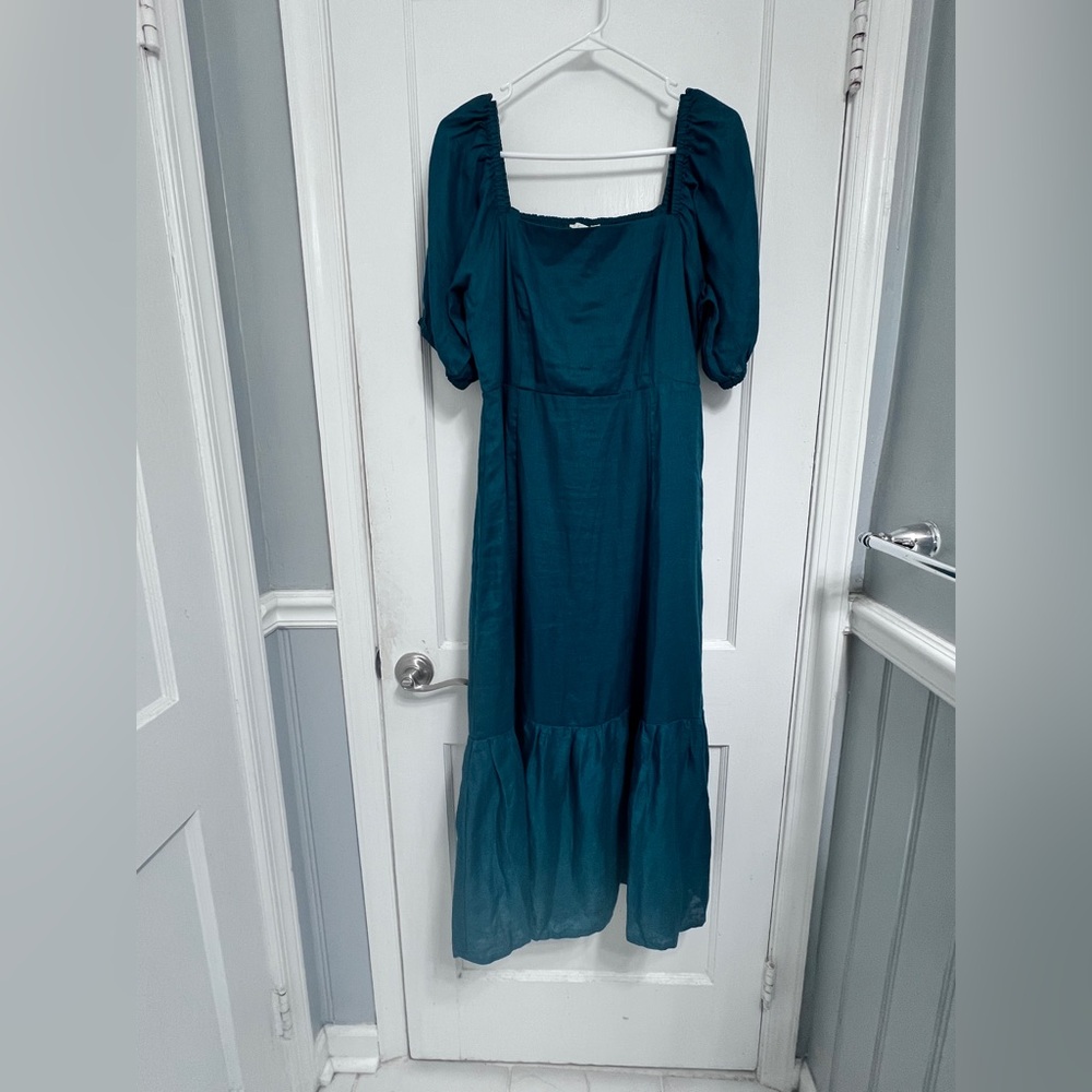 Garnet Hill Linen Teal Puff Sleeve Midi Dress - Picture 4 of 5